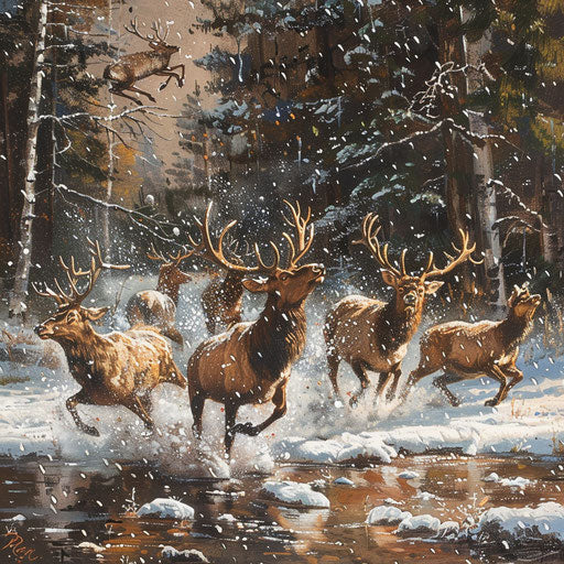 Elks playing in the first snow of winter