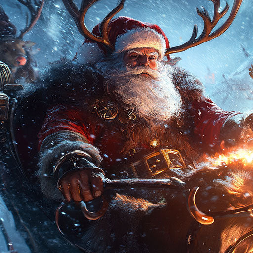 Santa in his sleigh with glowing reins as the reindeer move