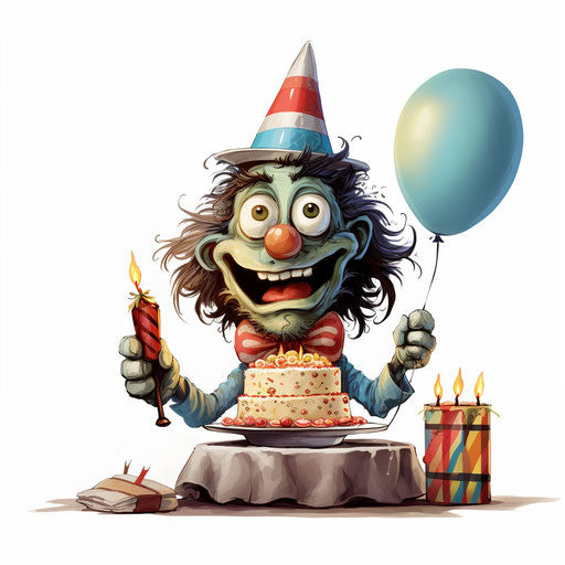 Humorous happy birthday clip art in the style of Chiaroscuro Art, on a white background