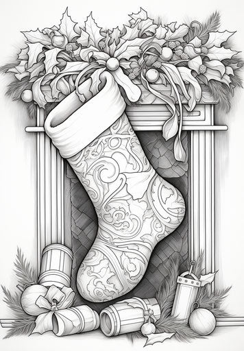 Christmas stocking coloring page, ink-washed, colorful and energetic