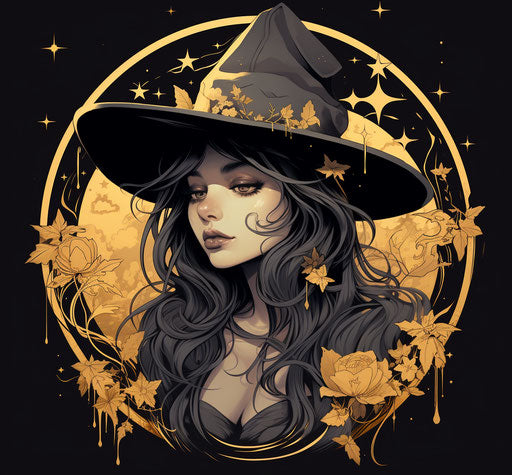 Witch tattoo design, dark beige and gold style