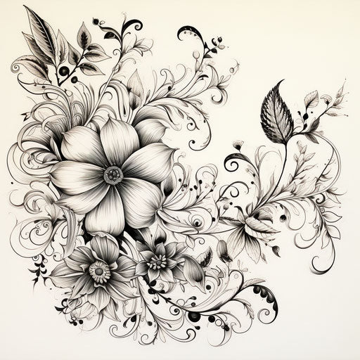 Drawing of flowers and leaves with intricate embellishments