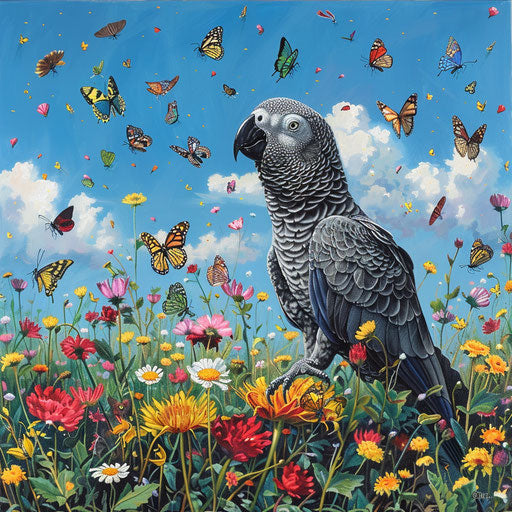 Playful African grey parrot with colorful butterflies in wildflower meadow