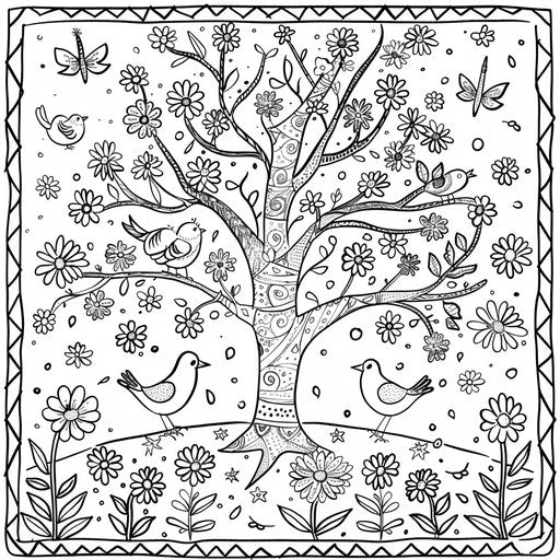 Whimsical tree with birds and flowers in springtime. Coloring book page