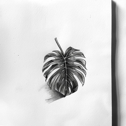 Black and white sketch of a monstera leaf, detailed tattoo design concept on a white canvas