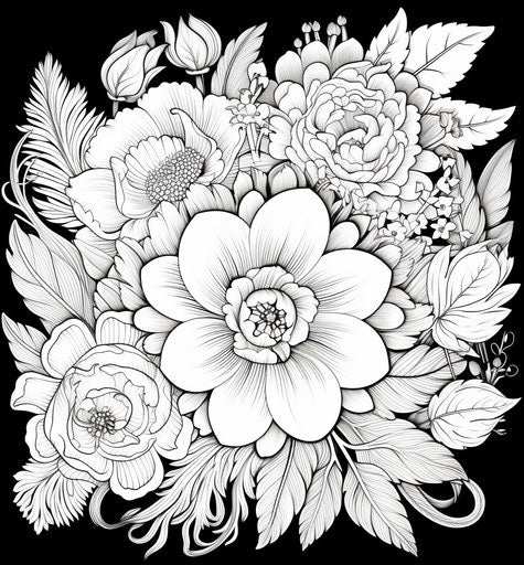 Flowers and leaves in black and white, layered style