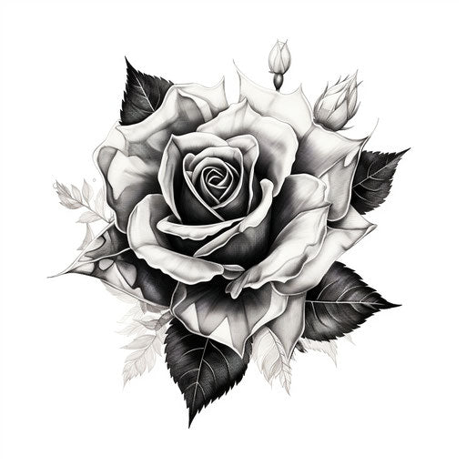 Black and white rose tattoo design with leaf pattern