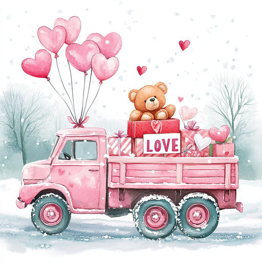 Pink truck with Valentine's gifts, teddy bear, heart balloons