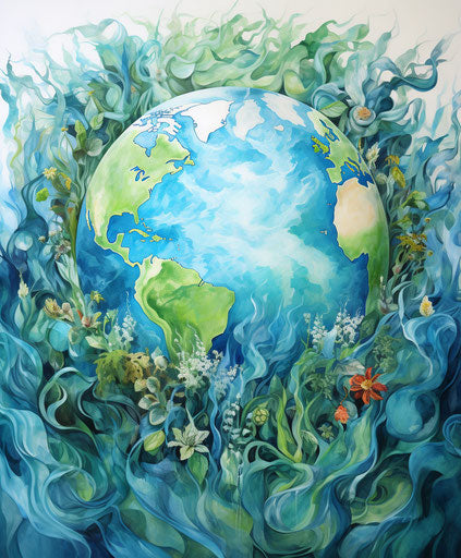 Watercolor earth globe earth day painting poster abstract eco-themed leaves turquoise and dark green joyful celebration of nature multicultural elaborate borders