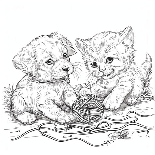 Puppy and kitten playing with a ball of yarn