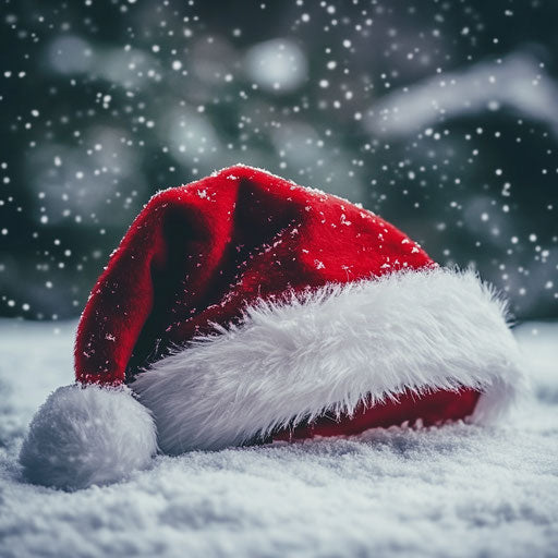 Traditional red Santa hat with white trim in snow