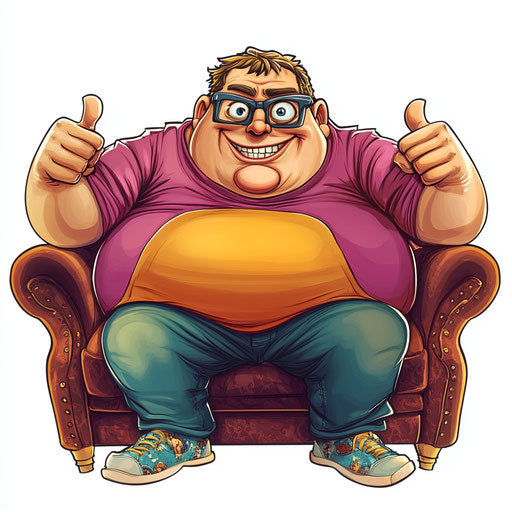 Humorous caricature of an obesity caricature clipart with human characteristics, exaggerated googly eyes, sitting on a couch, vibrant colors, cartoon style, thumbs up, high-resolution, no background, isolated