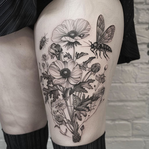 Botanical thigh tattoos with flowers and insects, Merian style