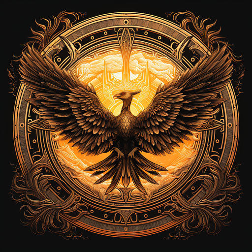 Mandala with phoenix and sun on smokey background