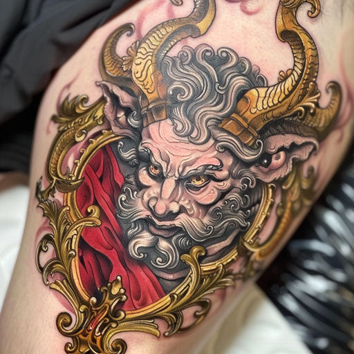 Baroque devil tattoo, gold and red details on white canvas