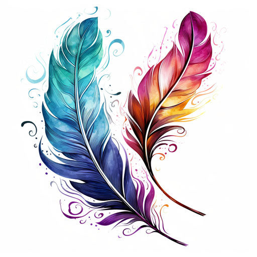 Colorful feathers in aquamarine and violet vortex