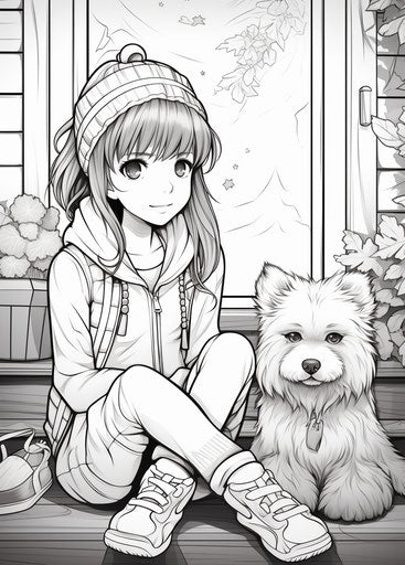 Anime coloring page on the floor with a girl, furry art style, cryptidcore, caninecore, lovely, anime, oshare kei, comic art 23:32