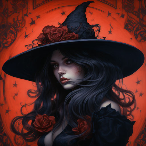 Woman in witch hat, bold tattoo style print