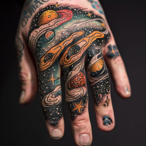 Finger tattoo cosmic and celestial themes