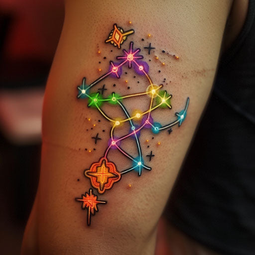 Flat tattoo sketch of a neon constellation with stars connected by glowing lines