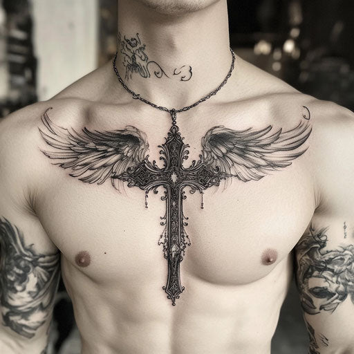 Christian tattoos for men with a gothic winged cross on chest