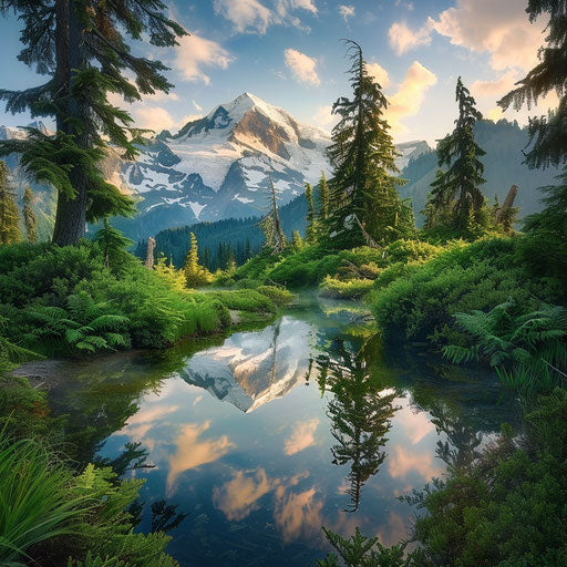 Reflection of majestic Mount Baker at dawn on a serene alpine lake