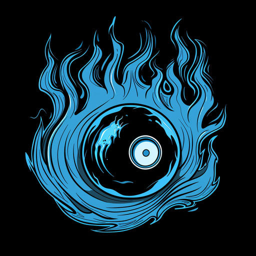 8 ball surrounded by blue flames on black background
