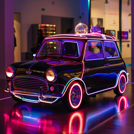 1980 Mini Cooper cyber-enhanced with holographic displays and glowing accents, showcased in a high-tech expo