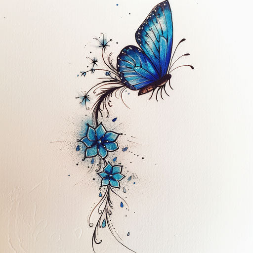 Whimsical flat tattoo sketch of a blue butterfly with fairy dust trails and magical motifs