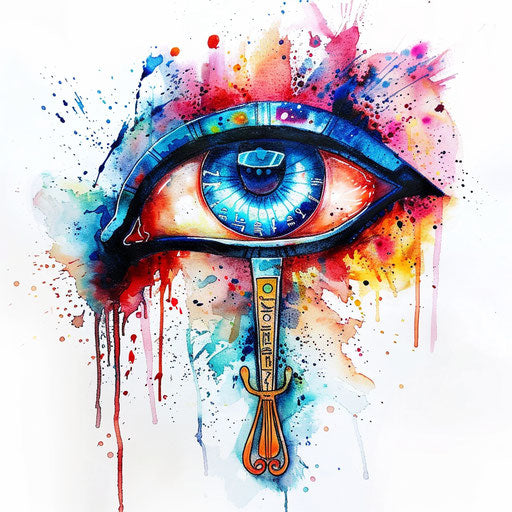 Vibrant Eye of Horus tattoo with watercolor effects and Egyptian symbols