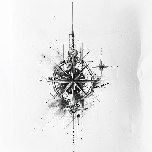Geometric tattoo illustration of a compass rose with a modern twist
