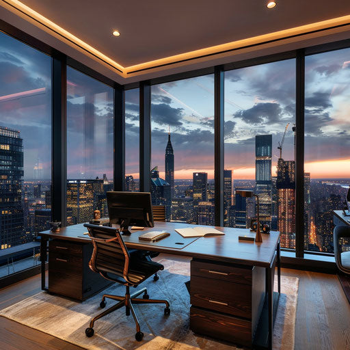 Home office with panoramic city skyline view