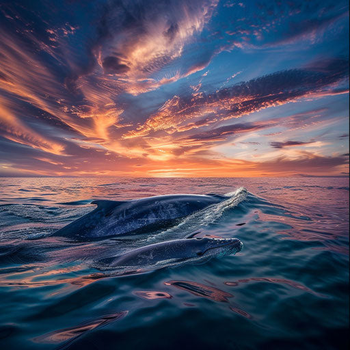 The gentle giants of the sea: a mother blue whale and her calf swimming close to the surface in the tranquil waters of the Gulf of Mexico, with a colorful sunset sky