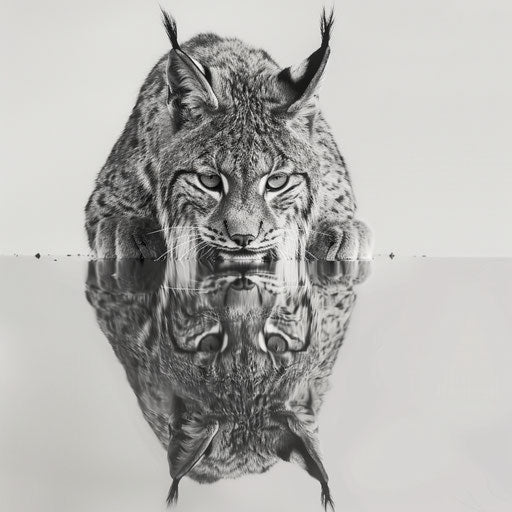 Lynx reflection in clear, calm pond