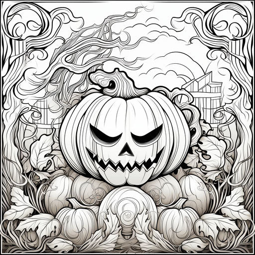 Halloween coloring pages with a pumpkin in the background, in the style of elaborate, realistic yet stylized