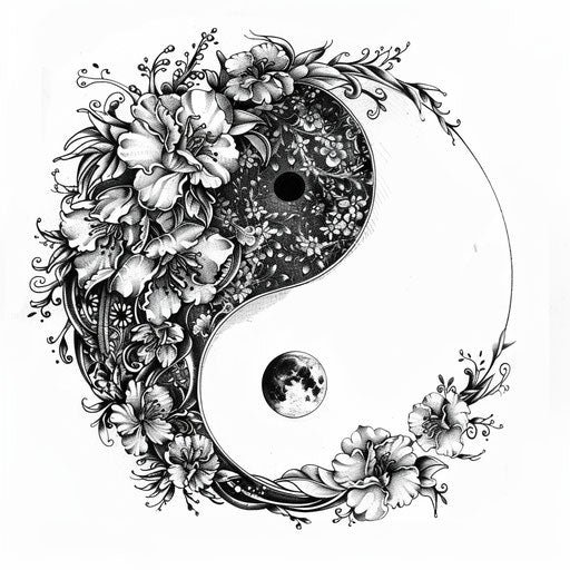 Intricate yin and yang tattoo design with detailed floral patterns on pure white background