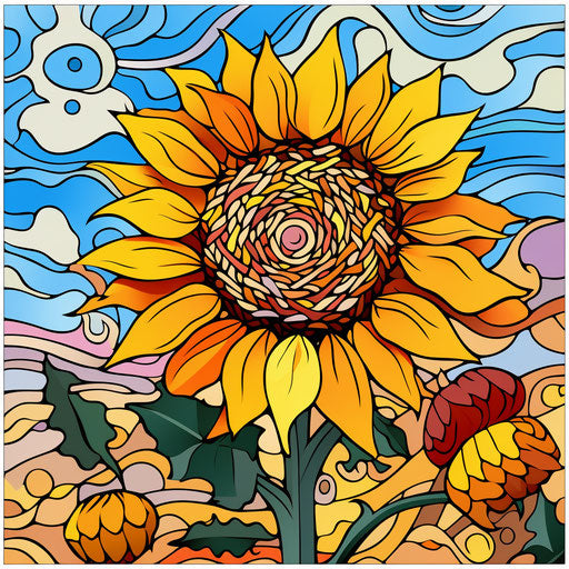 Coloring page: sunflower, Roxy Paine style, cottagepunk