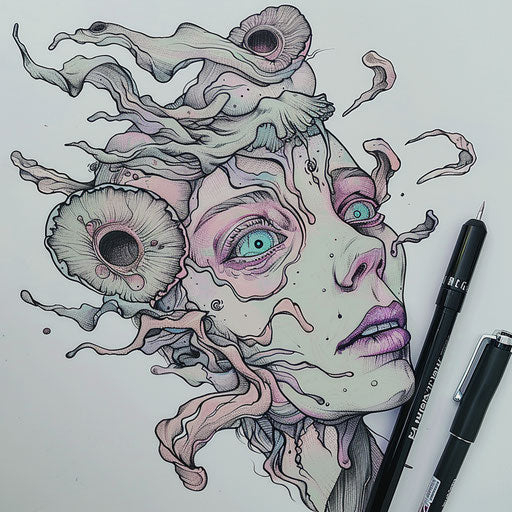Surrealist tattoo sketch for 666 in pastel shades