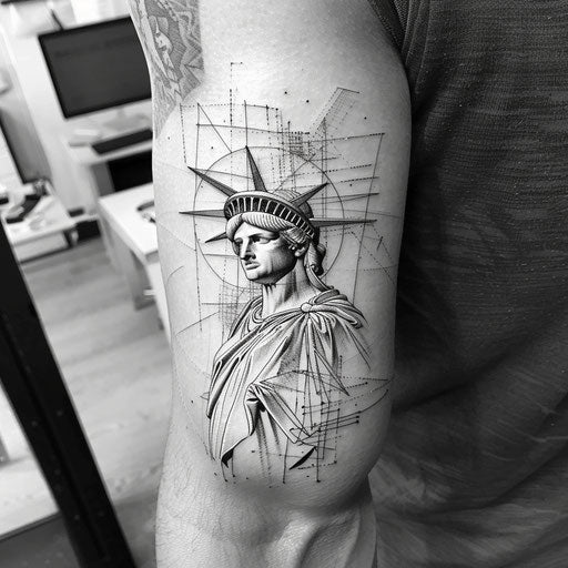 Fine line tattoo sketch of the Statue of Liberty in a realistic style with subtle shading