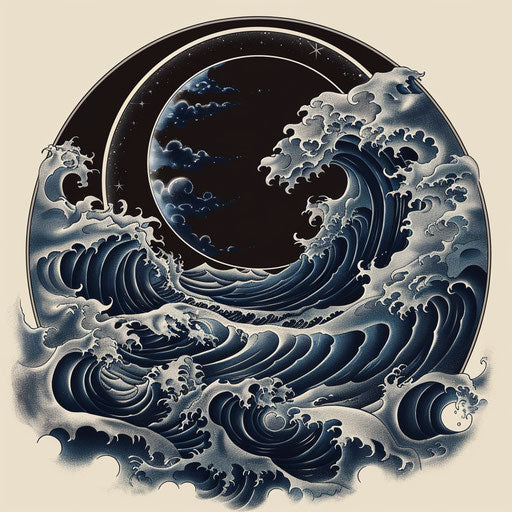 Nautical tattoo sketch of an eclipse over the ocean