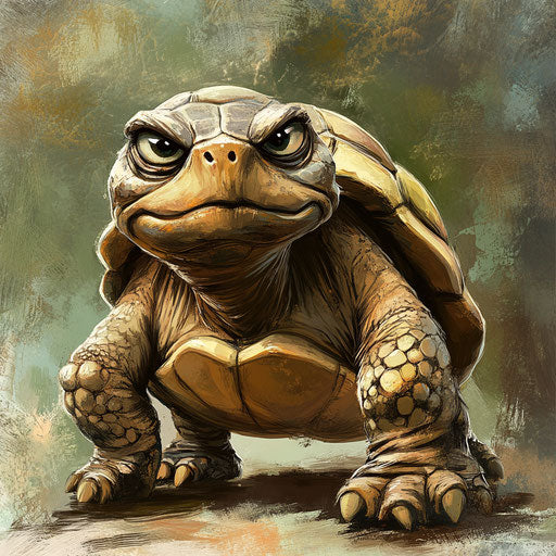 Humorous caricature of a tortoise with human characteristics