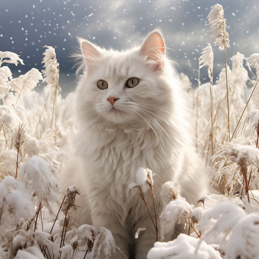 White cat in a field during a snowfall