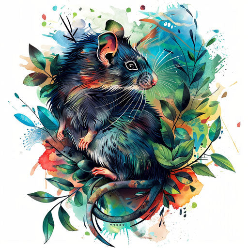 Vibrant tattoo sketch of rat with green foliage in watercolor