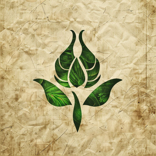Nature-inspired clothing logo with green accents on a natural texture background