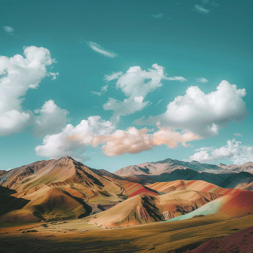 Rolling hills of fluffy hills with melting rainbow mountains of Peru. Fluffy clouds in the sky