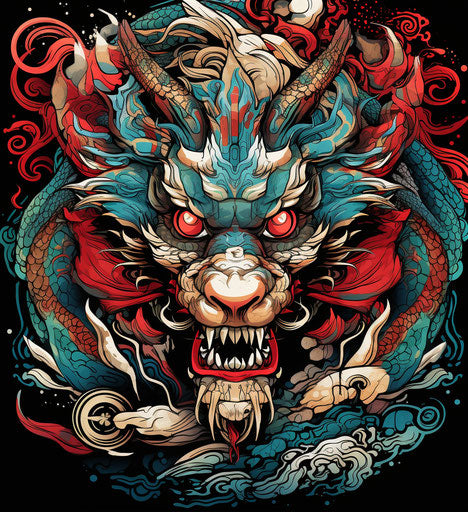 Chinese dragon with black hair, dragon head tattoo, dark white and crimson style