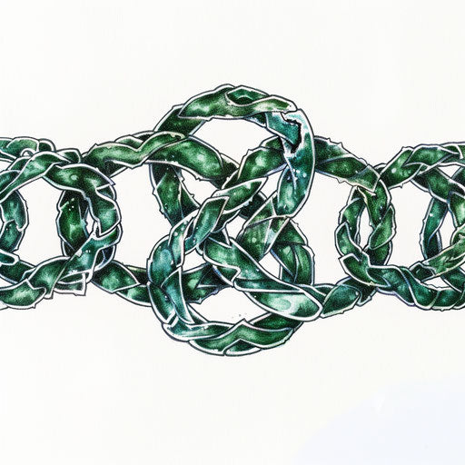 Celtic style chain tattoo with intricate knotwork in deep green on white background