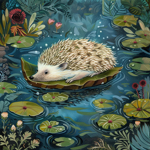 Hedgehog floating on a leaf in a babbling brook