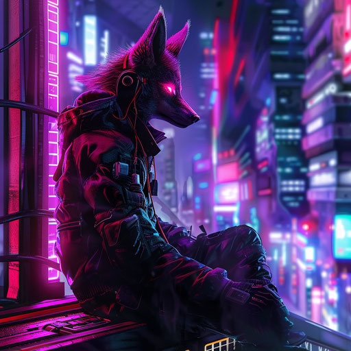 The cyberpunk coyote hacker infiltrating digital networks in a neon cityscape