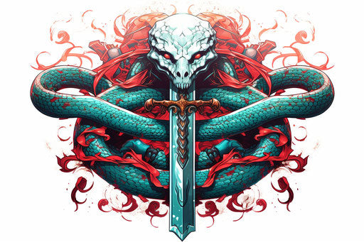 Snake and crossed swords, mosaic-style realistic colorful